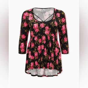 Torrid black and pink super soft knit floral 3/4 sleeve top womens size 3x